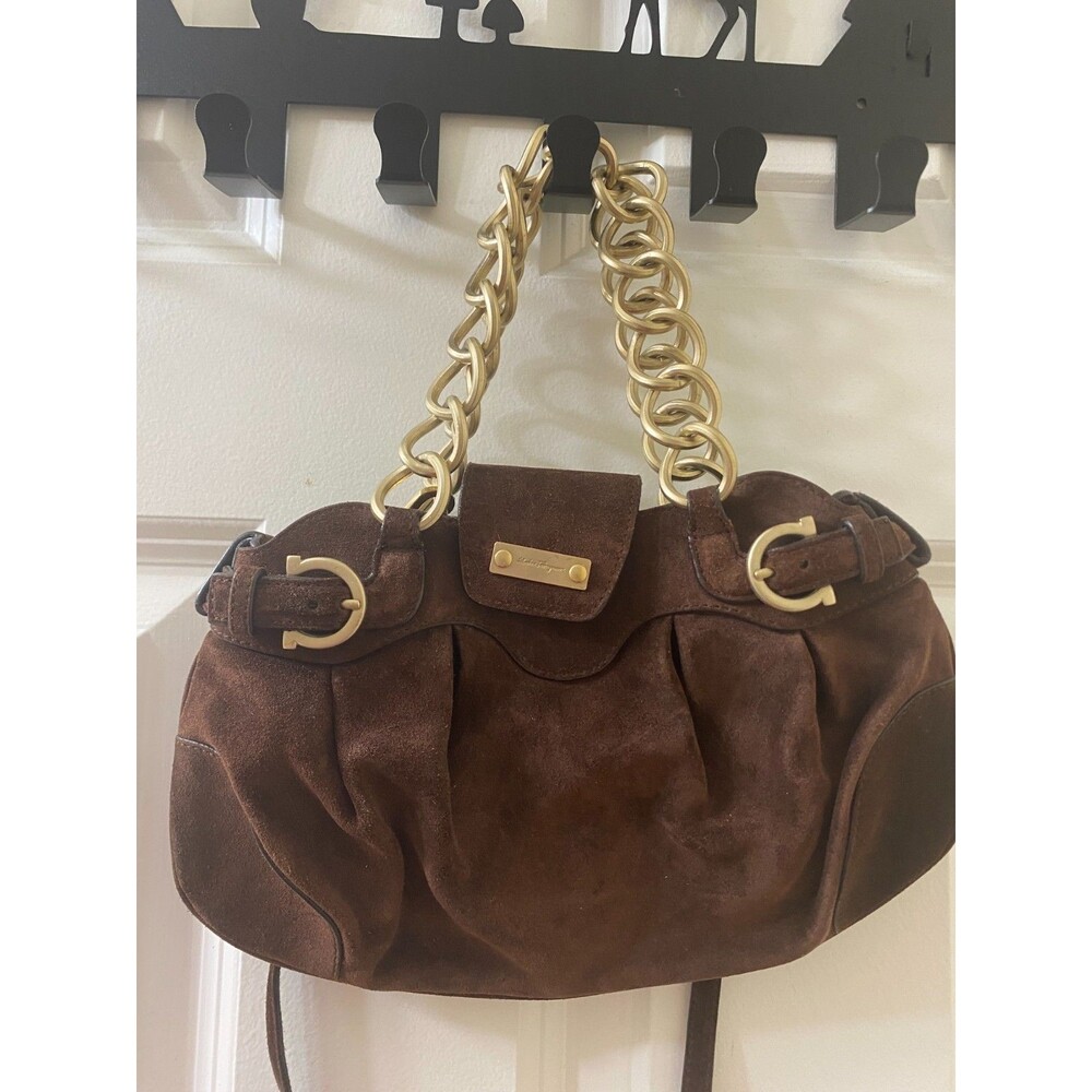 2000s Salvatore Ferragamo Gancini Chain Shoulder crossbody Bag brown Suede